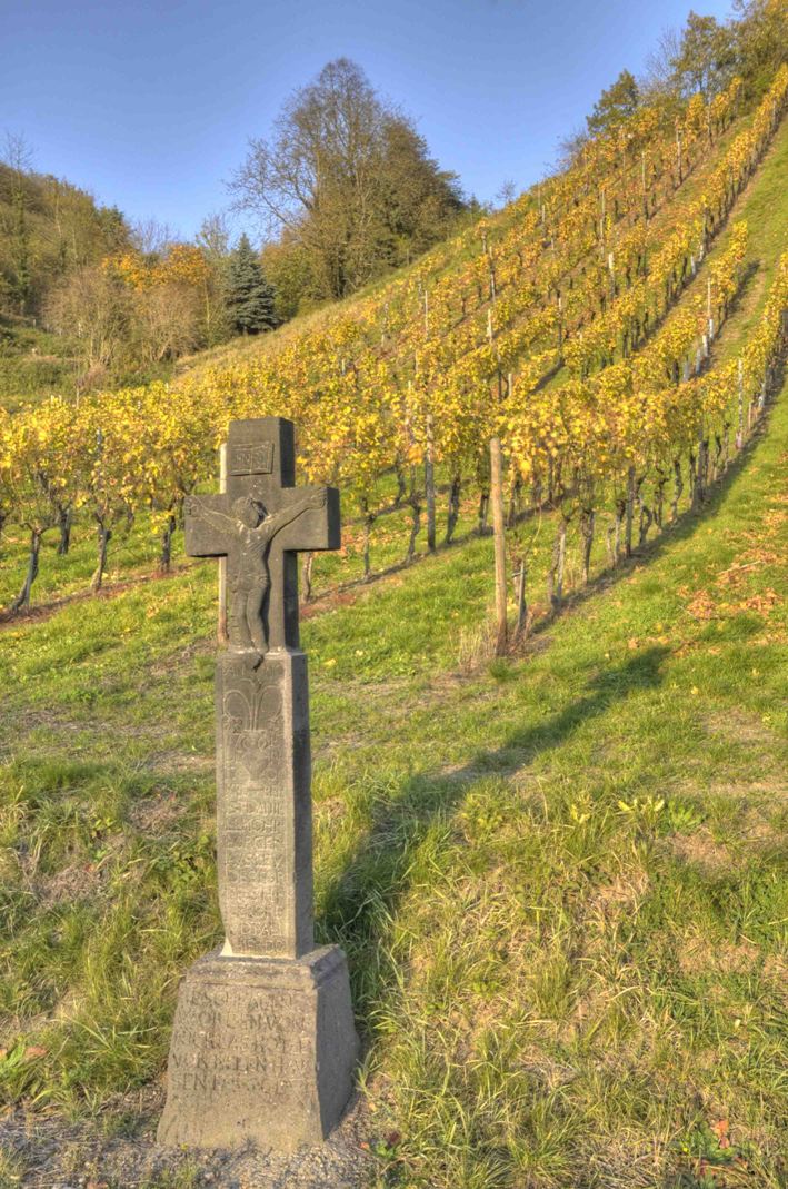 Das alte Steinkreuz mit Korpus steht an einem Weinberghang. Das Weinlaub hat sich herbstlich gefärbt. (c) Thomas Müller Das alte Steinkreuz mit Korpus steht an einem Weinberghang. Das Weinlaub hat sich herbstlich gefärbt.