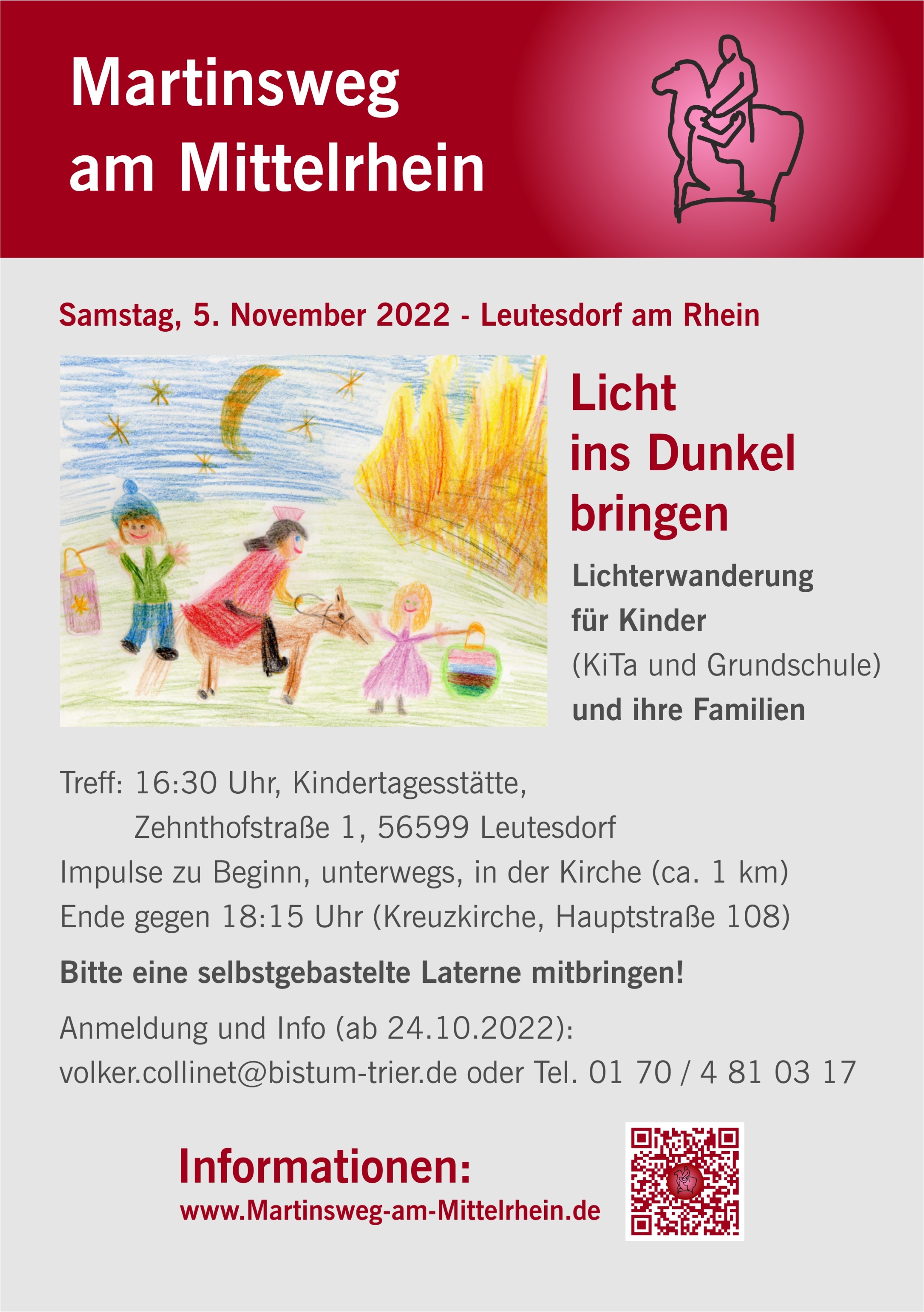 Plakat zur Lichterwanderung am 5. November 2022: u. a. mit Kinderzeichnung eines Martinsumzuges (c) Martinsweg am Mittelrhein Plakat zur Lichterwanderung am 5. November 2022: u. a. mit Kinderzeichnung eines Martinsumzuges