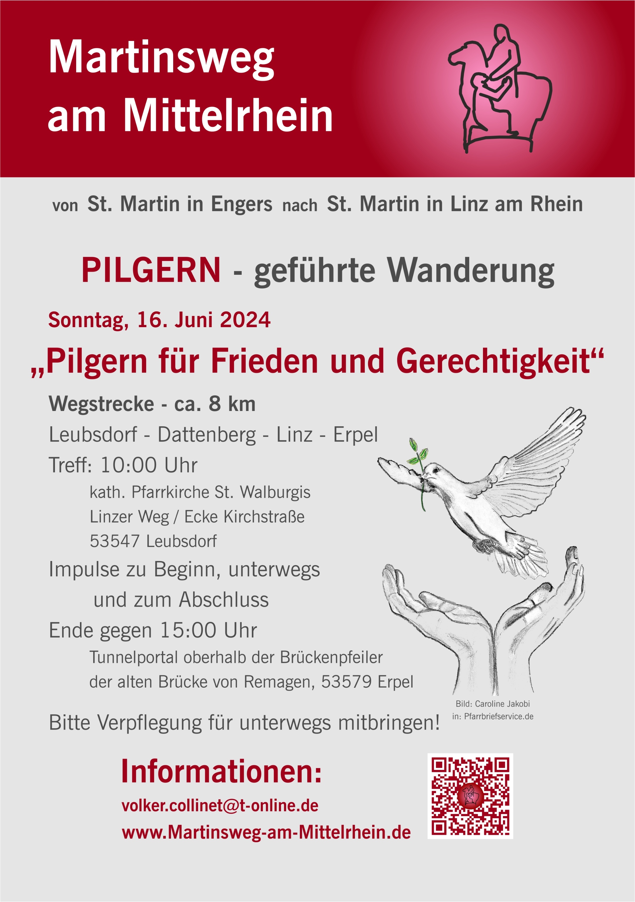 Plakat zur geführten Wanderung am 16. April 2024 mit Friedenstaube und geöffneten Händen (c) Martinsweg am Mittelrhein Plakat zur geführten Wanderung am 16. April 2024 mit Friedenstaube und geöffneten Händen