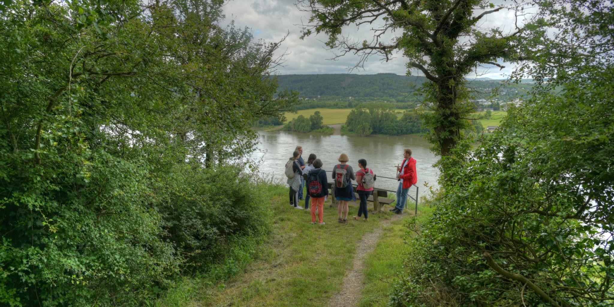 An einer kleinen Brüstung, eingerahmt von Bäumen und Büschen, blickt die Pilgergruppe über den Rhein. (c) Thomas Müller An einer kleinen Brüstung, eingerahmt von Bäumen und Büschen, blickt die Pilgergruppe über den Rhein.