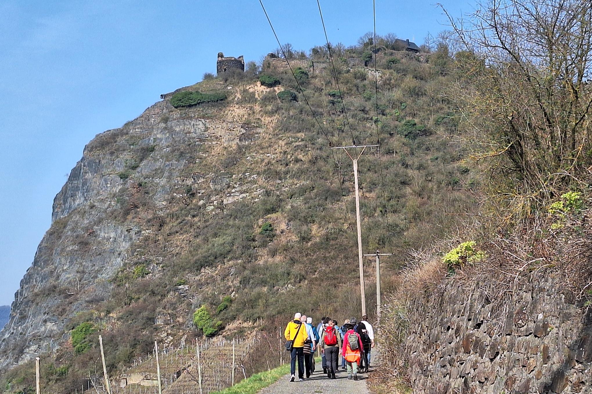 Die große Pilgergruppe sieht vor dem Hammersteiner Burgberg verschwindet klein aus.