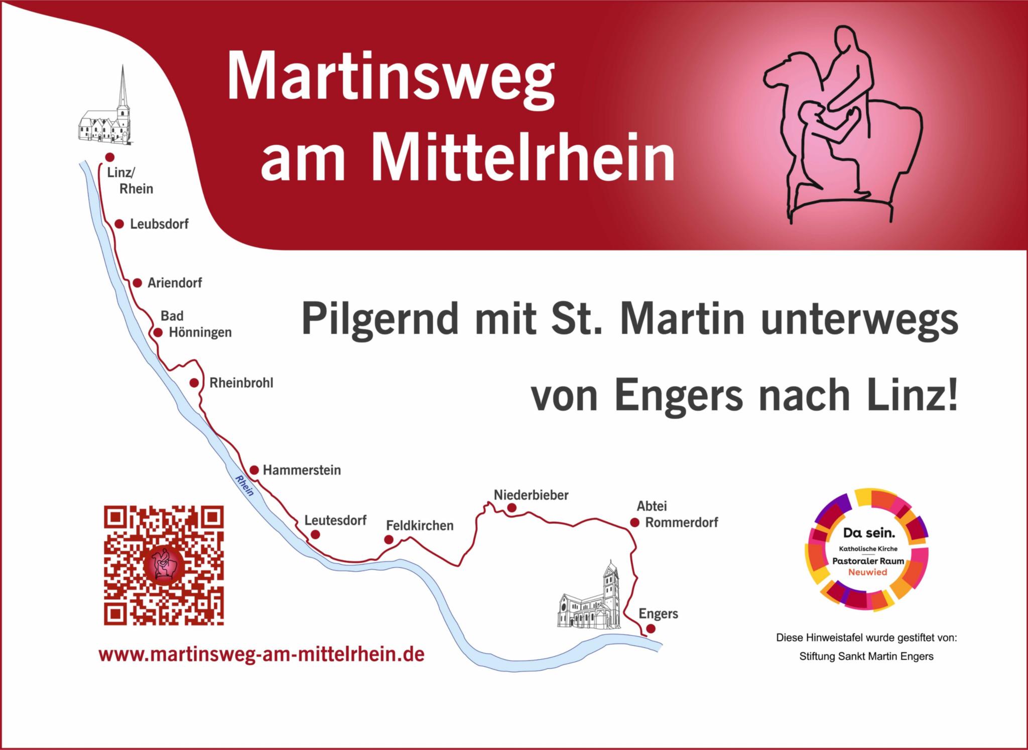 Hinweisschild 'Martinsweg am Mittelrhein' an der kath. Kirche St. Martin in Engers. (c) Regina Schmitz Das Hinweisschild zeigt den schematischen Verlauf des Rheins, an dem der Martinsweg zwischen Linz und Engers (dargestellt durch die Skizzen der Martinskirchen) verläuft.