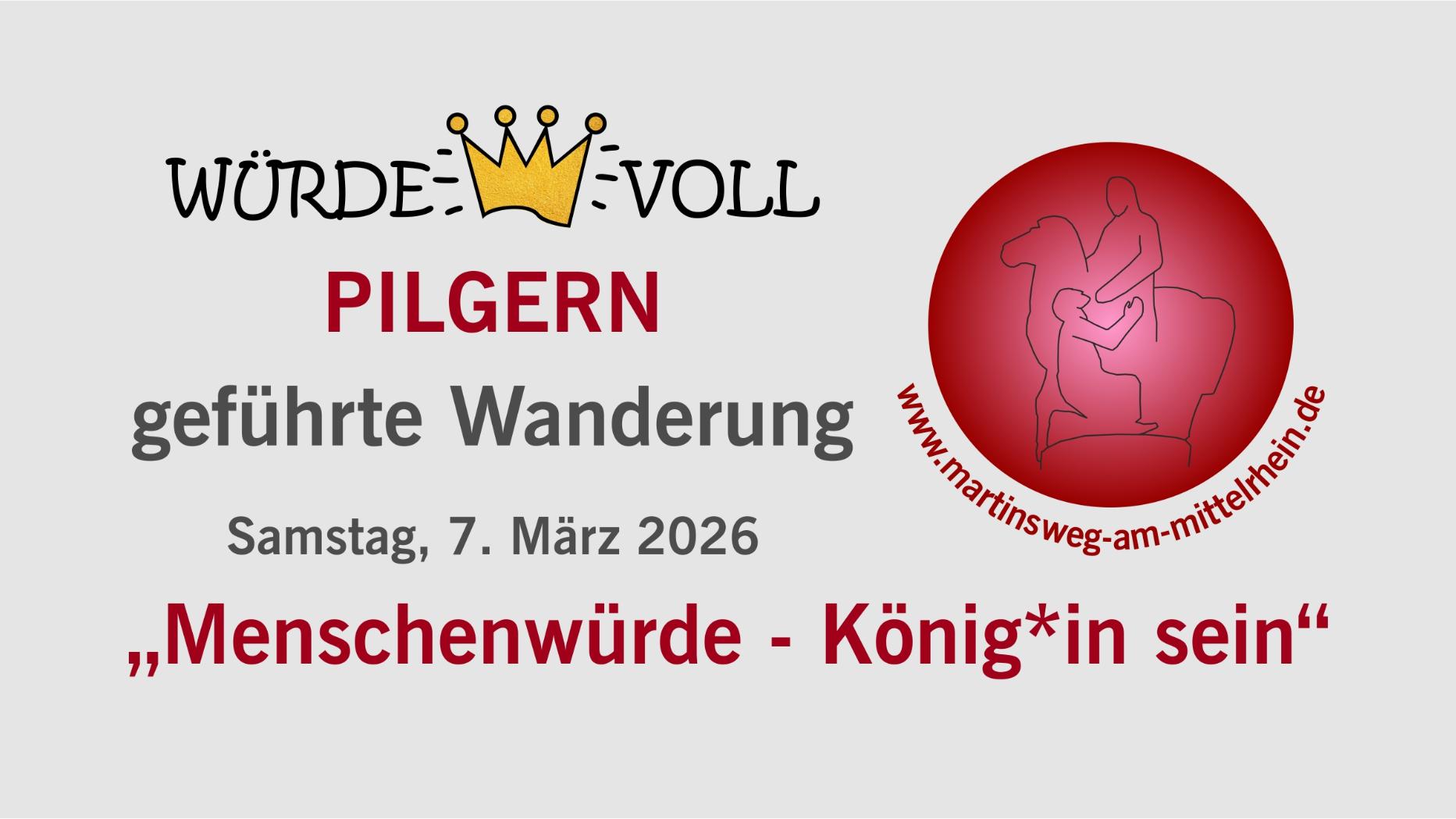 Der Header zeigt die Logos 'würdevoll' und 'Martinsweg am Mittelrhein', sowie wenige Textzeilen zur Wanderung.