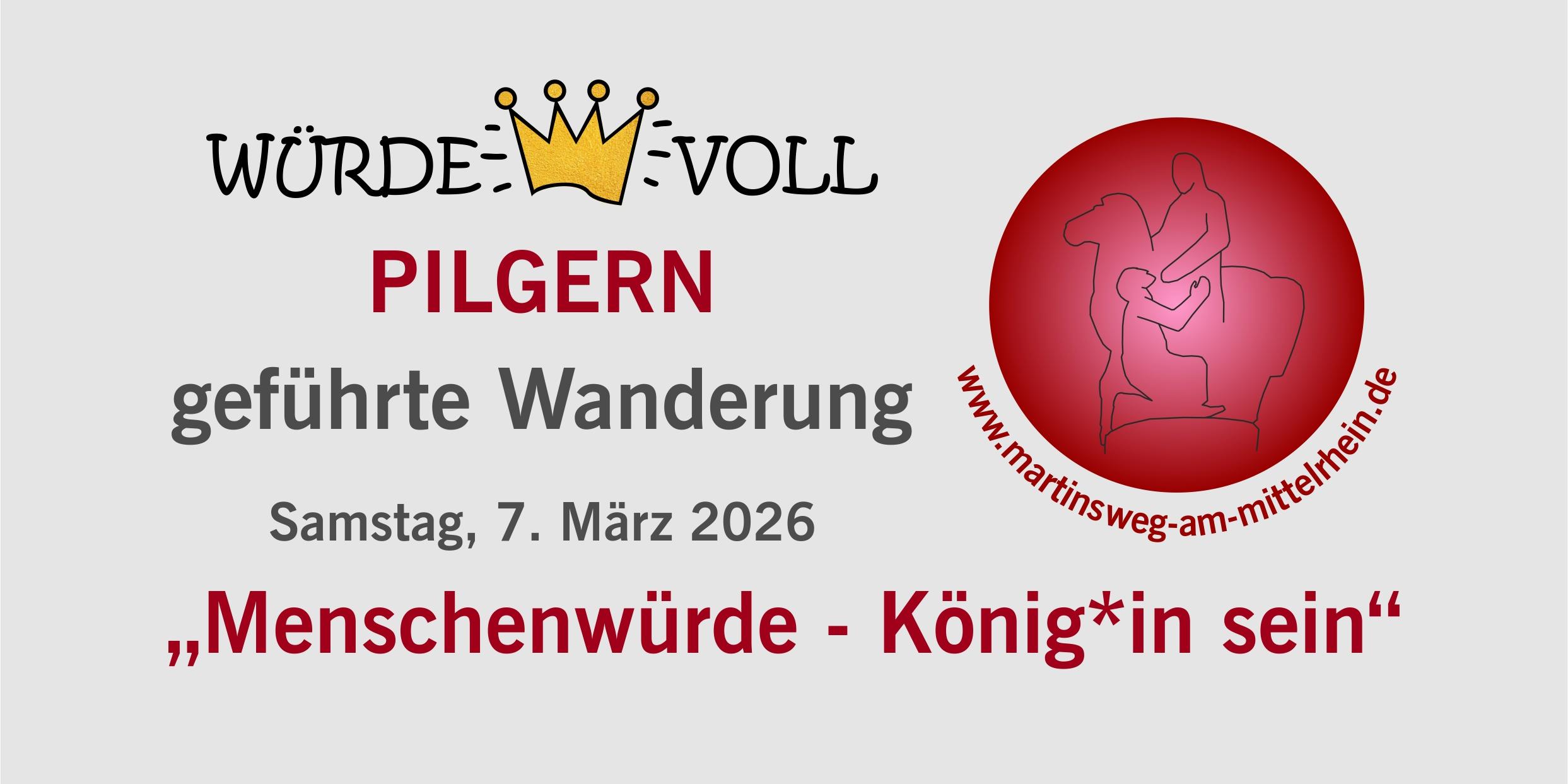 Der Header zeigt die Logos 'würdevoll' und 'Martinsweg am Mittelrhein', sowie wenige Textzeilen zur Wanderung.