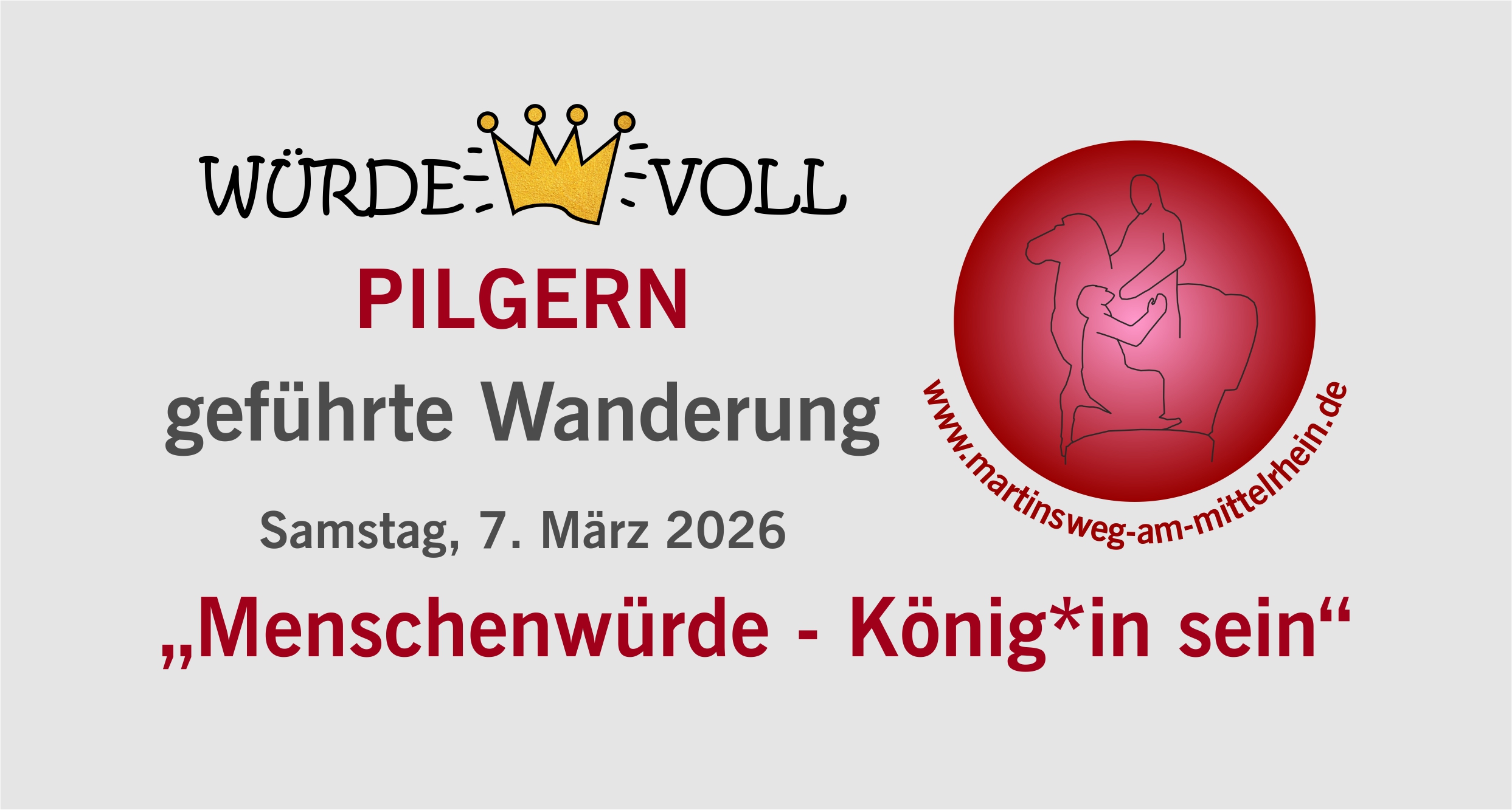 Der Header zeigt die Logos 'würdevoll' und 'Martinsweg am Mittelrhein', sowie wenige Textzeilen zur Wanderung.