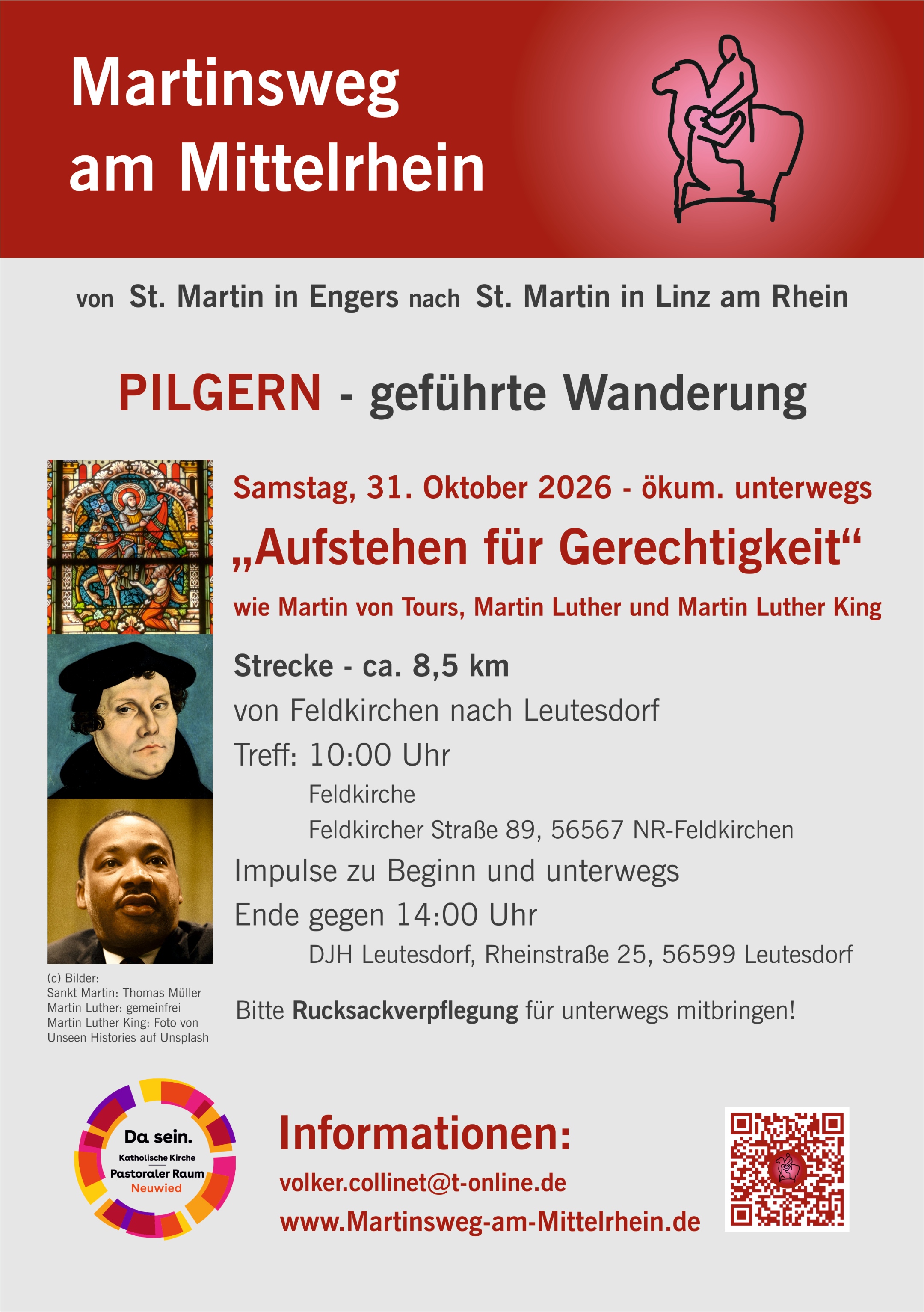 Das Plakat zeigt neben den Informationen zur Wanderung die Logos des Martinsweges am Mittelrhein und des Pastoralen Raumes Neuwied, sowie Bilder von St. Martin, Martin Luther und Martin Luther King.